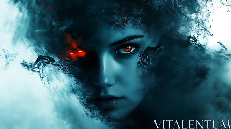 Ember eyed specter rising from storm blue digital smoke.