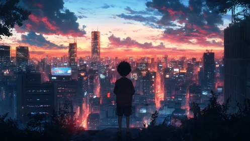 Solitary child contemplates neon city under burning dusk sky
