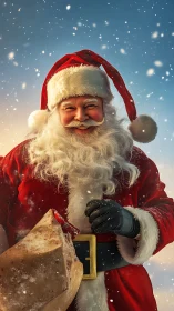 Santa Claus figure holding sack in falling snow at dusk.