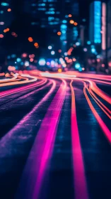 Long-exposure neon light trails carve curved paths through city