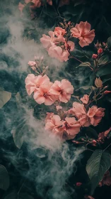 Pink flowering branches with drifting smoke in foliage.
