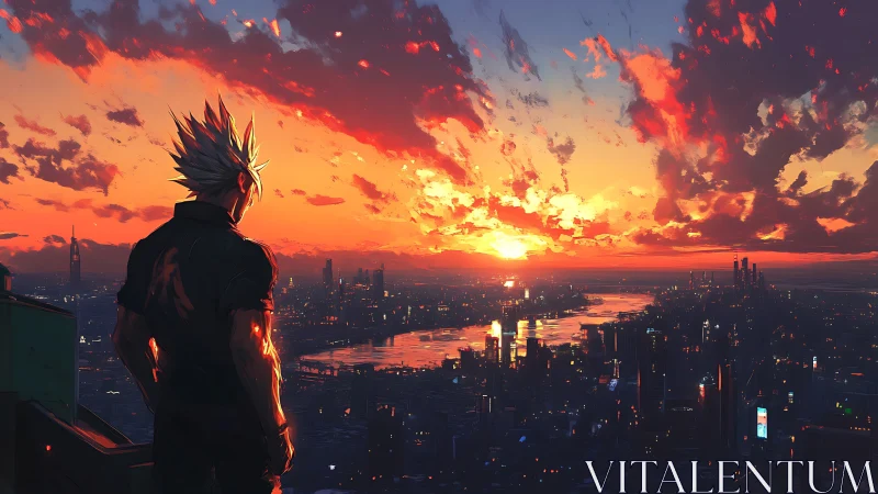 Solitary figure surveys neon city under incendiary sunset