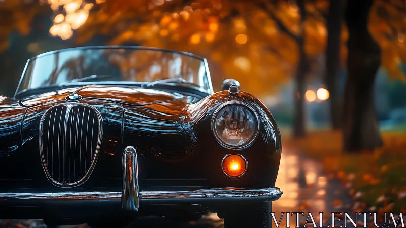 Classic black roadster glows under soft autumn park lights