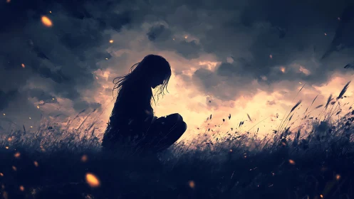 Quiet silhouette in a glowing stormlit twilight field.