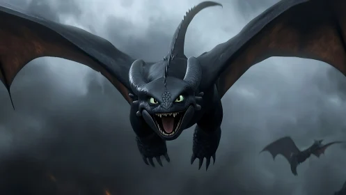 Black dragon in forward flight against stormy sky.