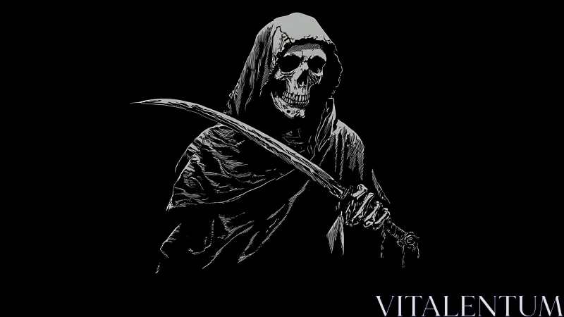 Hooded skeletal figure with curved sword in monochrome profile.