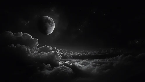 Monochrome crescent moon positioned above dense cloud layers