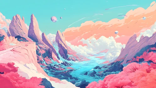 Pastel alien valley with crystalline peaks and neon river flow.