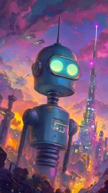 Colossal retro robot towering over neon dusk megacity skyline
