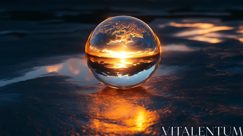 Glowing sunset gleams inside a crystal sphere on wet shore
