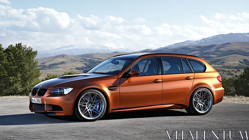 Orange performance estate car is parked in a rural setting