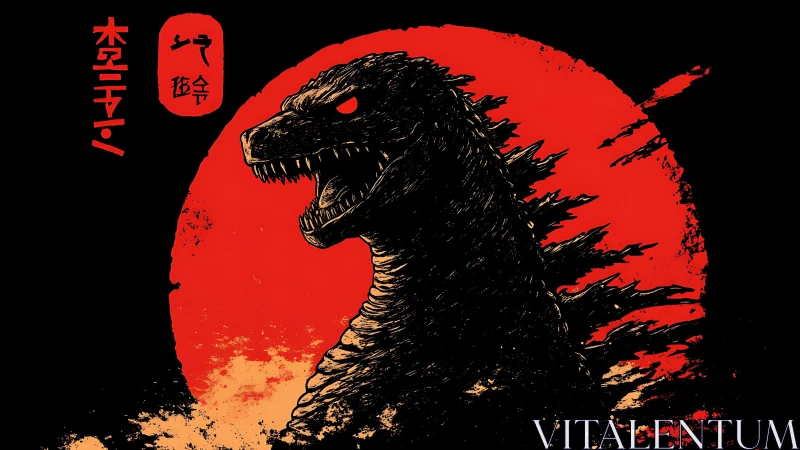 Monochrome kaiju silhouette against distressed red sun disc