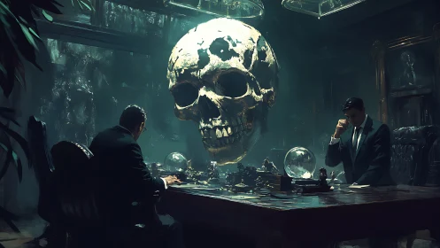 Corporate strategists confront colossal floating skull omen