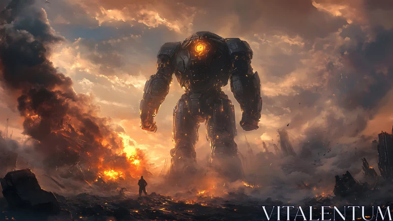 Colossal battle mech glowing warmly in a stormy wasteland.