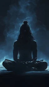 Mystic seated yogi in blue smoke radiates serene stillness.