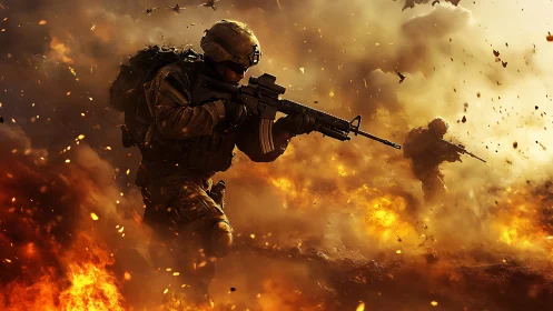 Soldiers advance through explosive battlefield firestorm