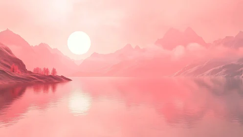 Monochrome pink mountain lake under high-key diffused sunlight
