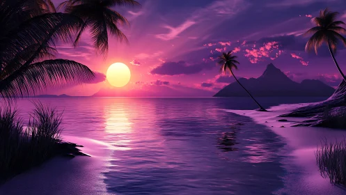 Neon sunset illuminates tropical shoreline with reflective lagoon