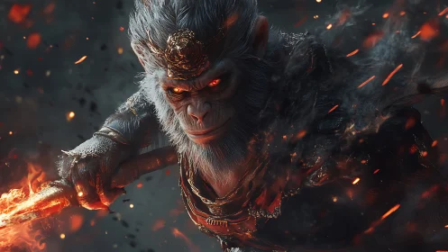 Fire-eyed monkey warlord leans into battle with blazing staff