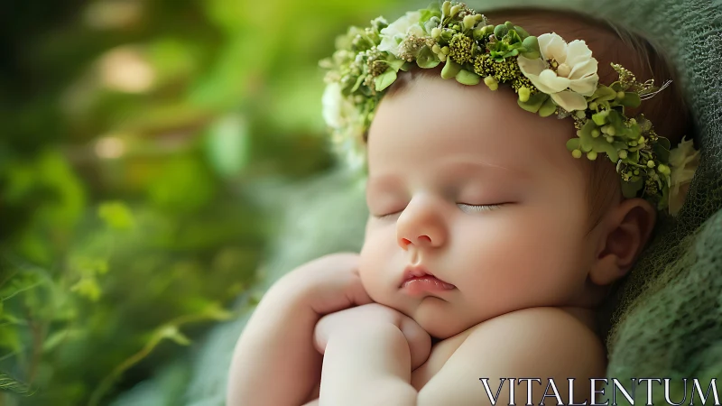 Sleeping Newborn Wearing Floral Crown in Garden.