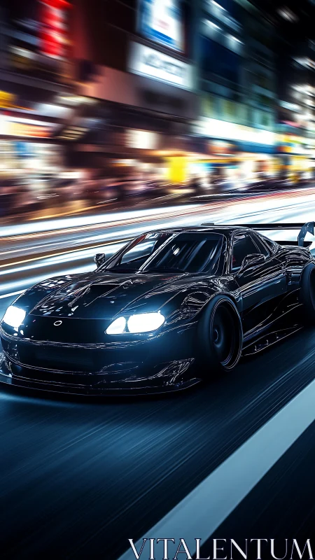 Cyberpunk night racer with motion-blur neon corridor composition.