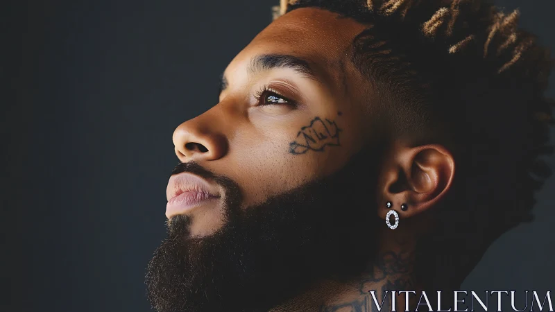 Bearded man in profile gazes upward against dark background