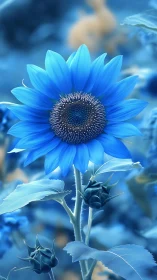 Blue sunflower close-up in cool monochrome garden.