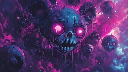 Neon nightmare skulls drifting through swirling cosmic fog.
