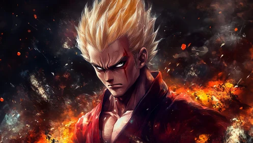 Intense anime warrior in flames with spiked blonde hair.