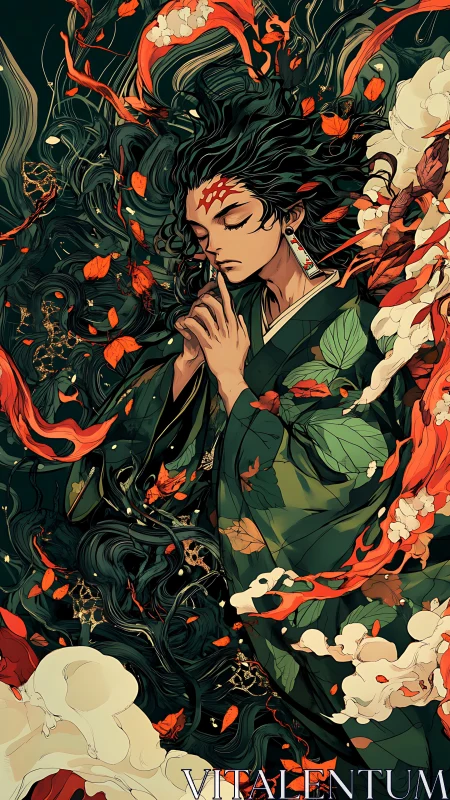 Meditative warrior enclosed in swirling botanical and flame motifs