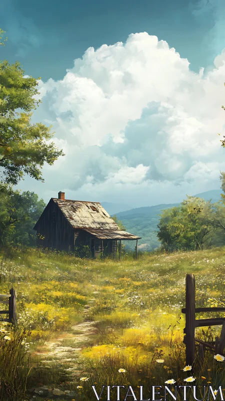 Old wooden cabin in wildflower meadow under vast clouds.