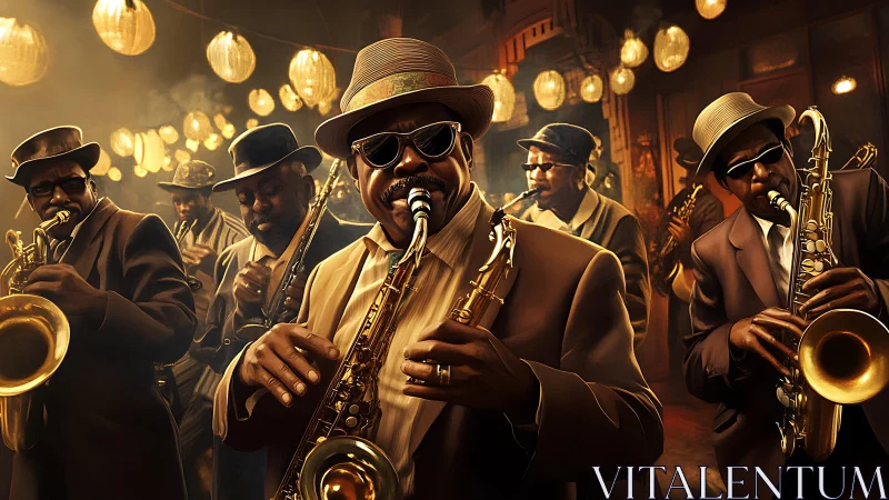 Cinematic jazz brass ensemble in warm club lighting composition.