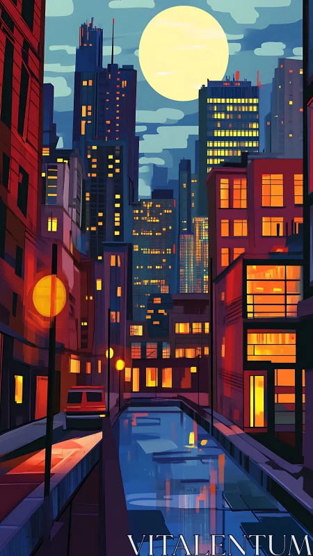 Nocturnal canal cityscape uses bold color blocking and depth