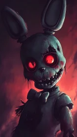 Sinister robot bunny with glowing red eyes in flame light.