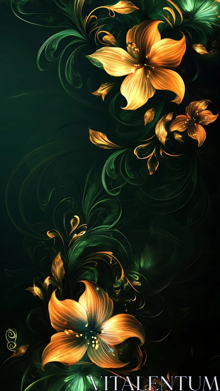Luminous golden lilies swirling over deep emerald void.