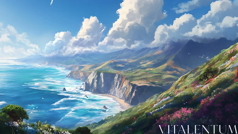 Sunlit digital coastline with cliffs and wildflower slopes.