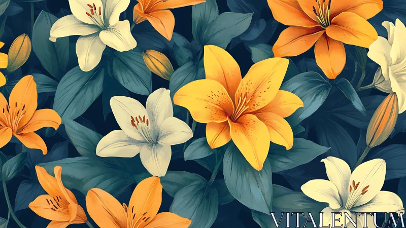 Lilies and foliage layered composition with yellow and orange tones