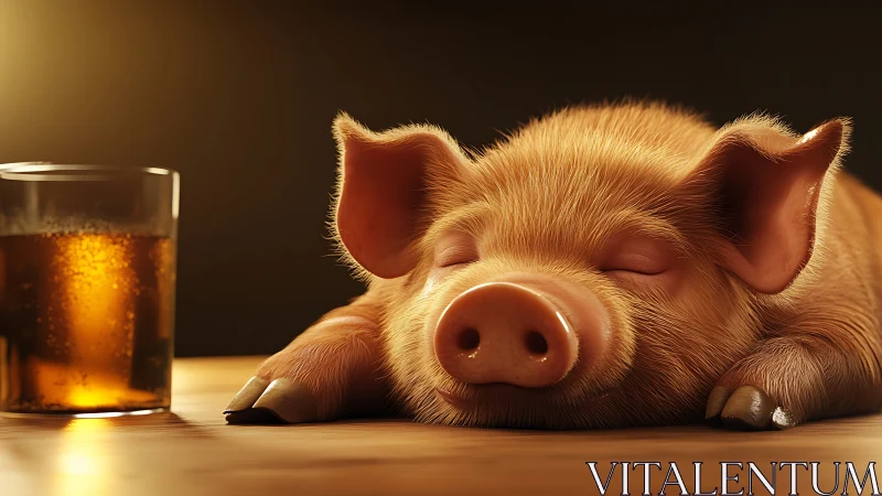 Sleepy little piglet enjoys a cozy rest by a drink