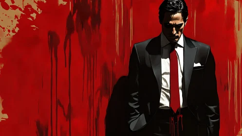 Man in dark suit stands against dripping red painted wall