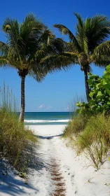 White sand path between palms leading to calm ocean view.