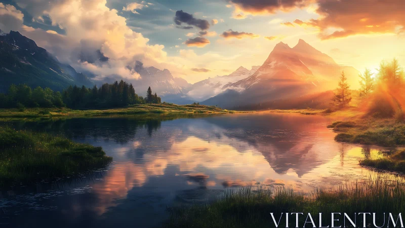 Sunlit alpine lake with mirrored mountain and storm clouds