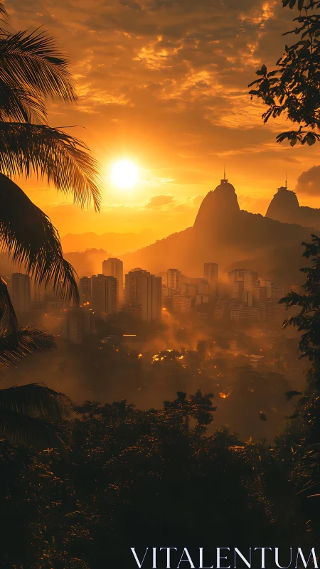 Backlit tropical skyline under volumetric orange sunset haze