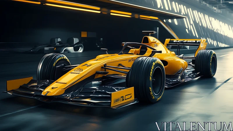 Yellow single seater race car in futuristic tunnel environment.