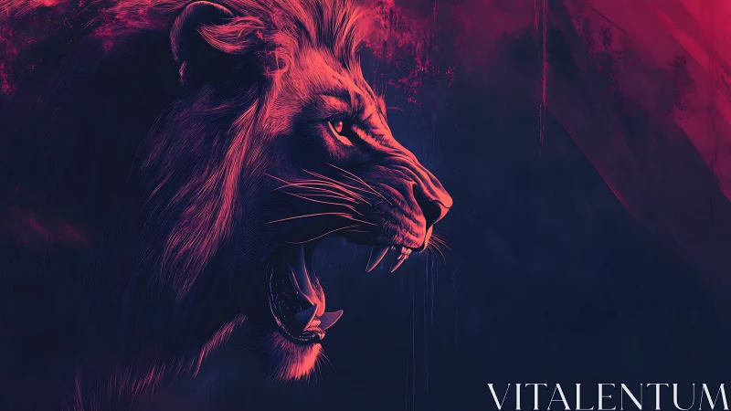 Roaring lion profile in neon pink and deep blue tones.