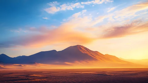 Sunlit desert mountain ridge under high-saturation twilight sky