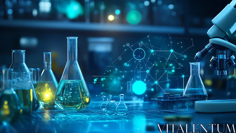Digital laboratory bench with holographic molecular schematics.