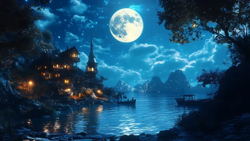 Moonlit Castle by Water with Mountains and Boats