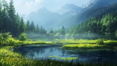 Mountain forest lake reflects tree line and distant peaks clearly