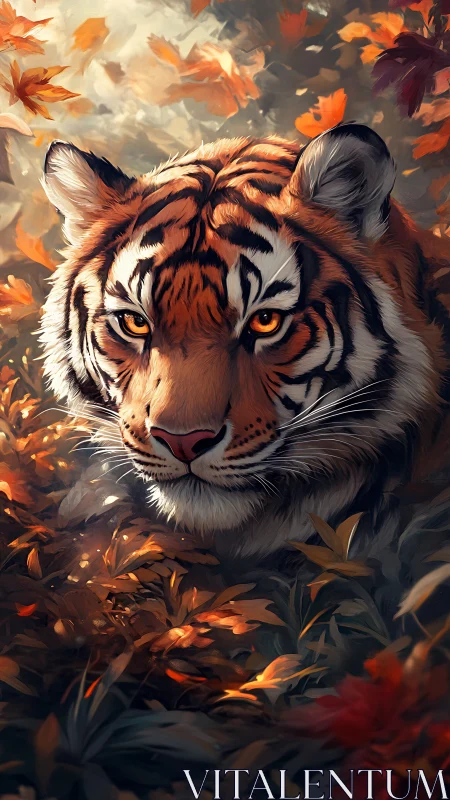 Autumn-lit tiger portrait in dense foliage with warm bokeh glow