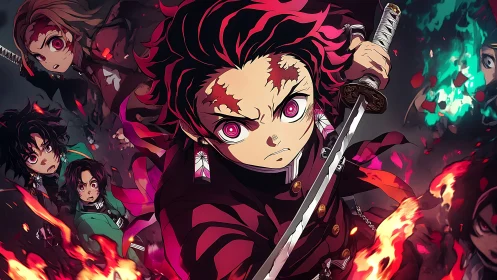 Anime swordsman charges through flames in a fierce battle